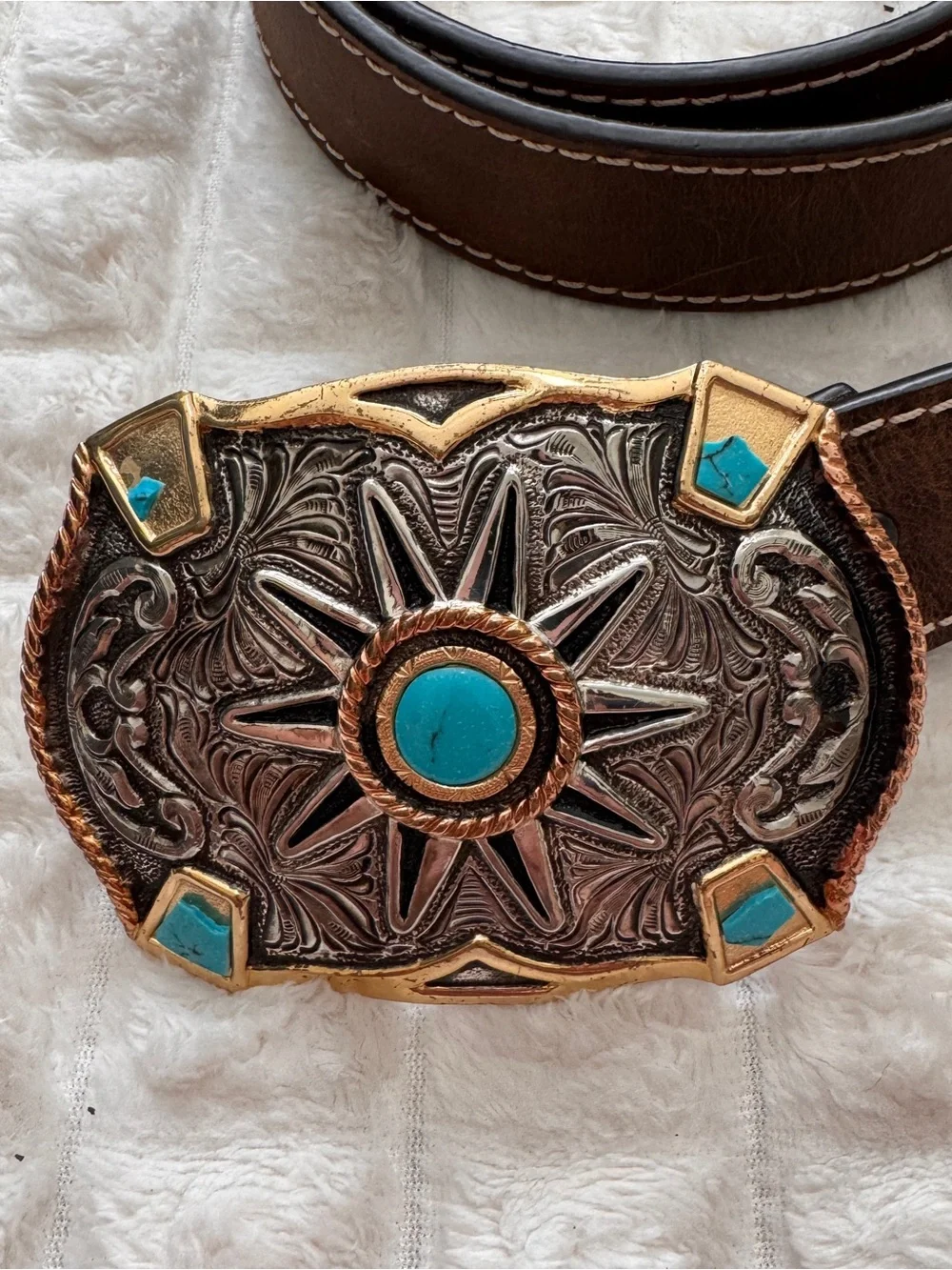 Crumrine Cowboy Rowel Belt Buckle Turquoise & Ariat XL Brown Leather Belt